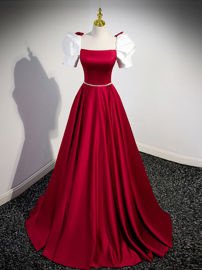 A-Line Satin Burgundy Long Prom Dresses, Puffy Sleeve Formal Evening Dress