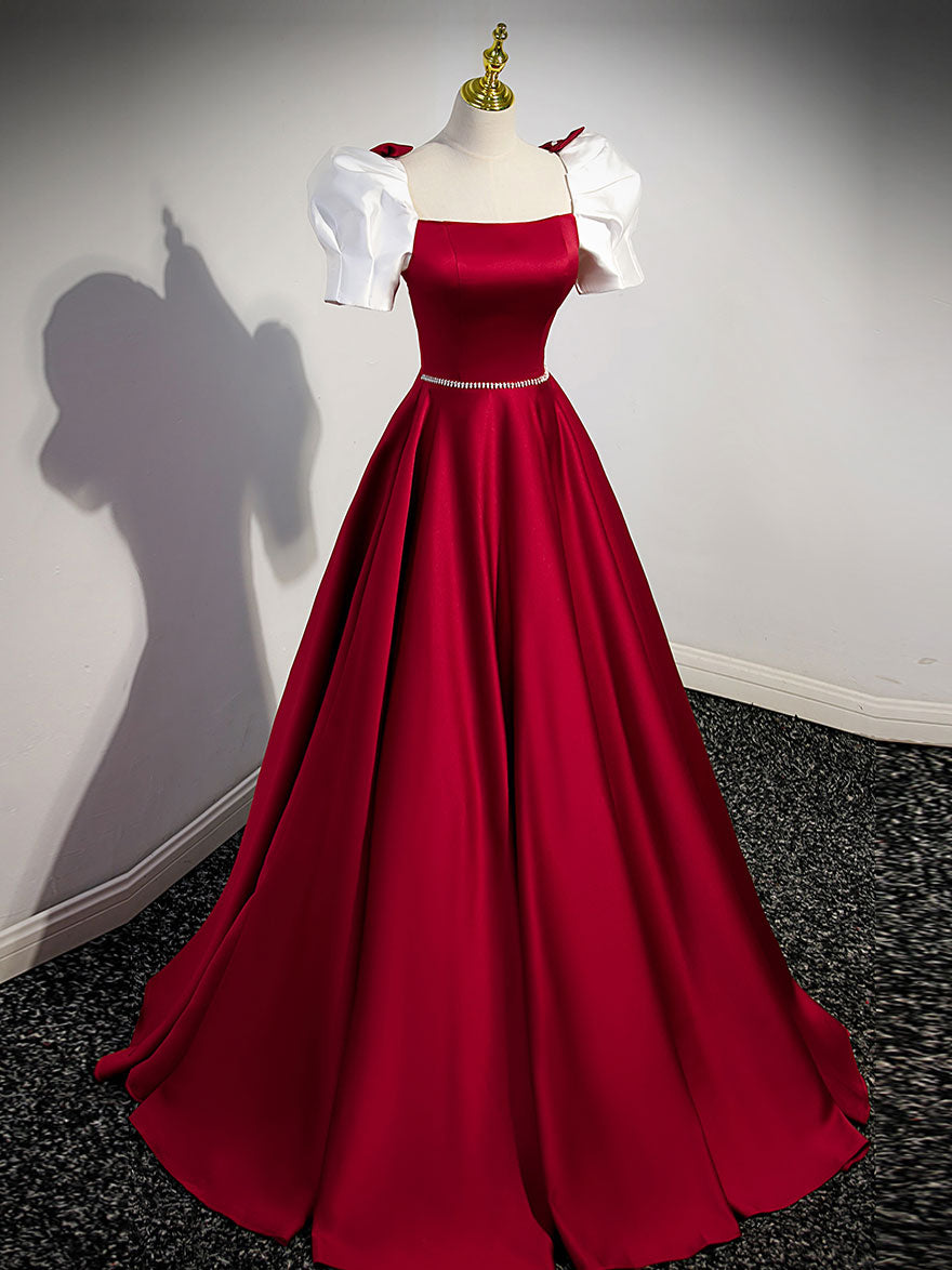 A-Line Satin Burgundy Long Prom Dresses, Puffy Sleeve Formal Evening Dress