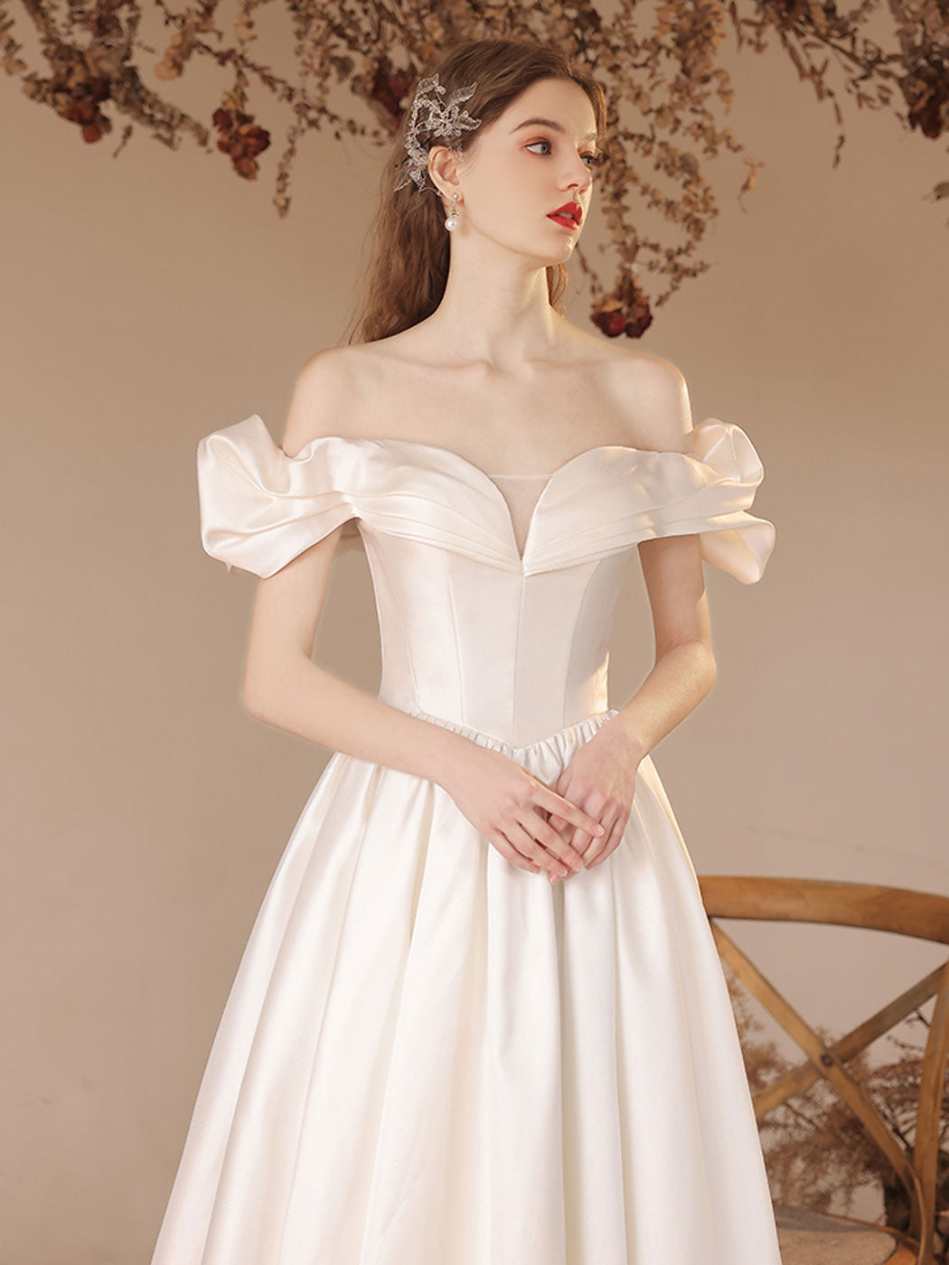 A-Line Off Shoulder Satin Beige Long Prom Dress