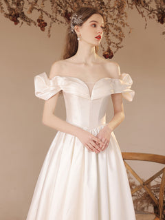A-Line Off Shoulder Satin Beige Long Prom Dress