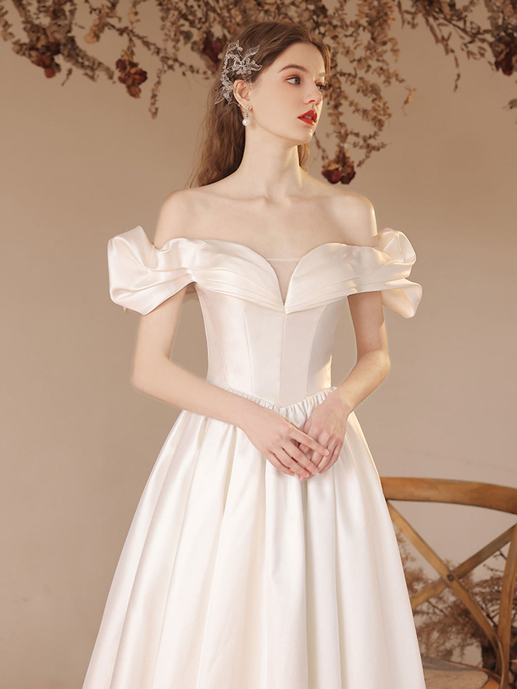 A-Line Off Shoulder Satin Beige Long Prom Dress, Beige Formal Evening Dress