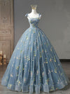 A-Line Sweetheart Neck Lace Gray Blue Long Prom Dress, Gray Blue Sweet 16 Dress