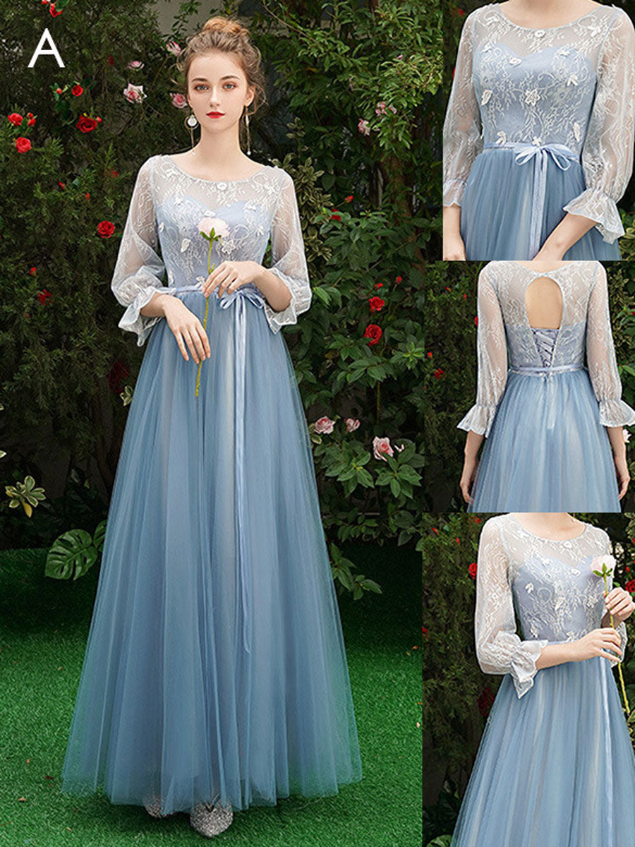 Simple A line Lace Blue Long Prom Dresses, Blue Lace Bridesmaid Dresses