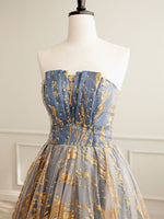 A-Line Tulle Gold/Blue Long Prom Dress