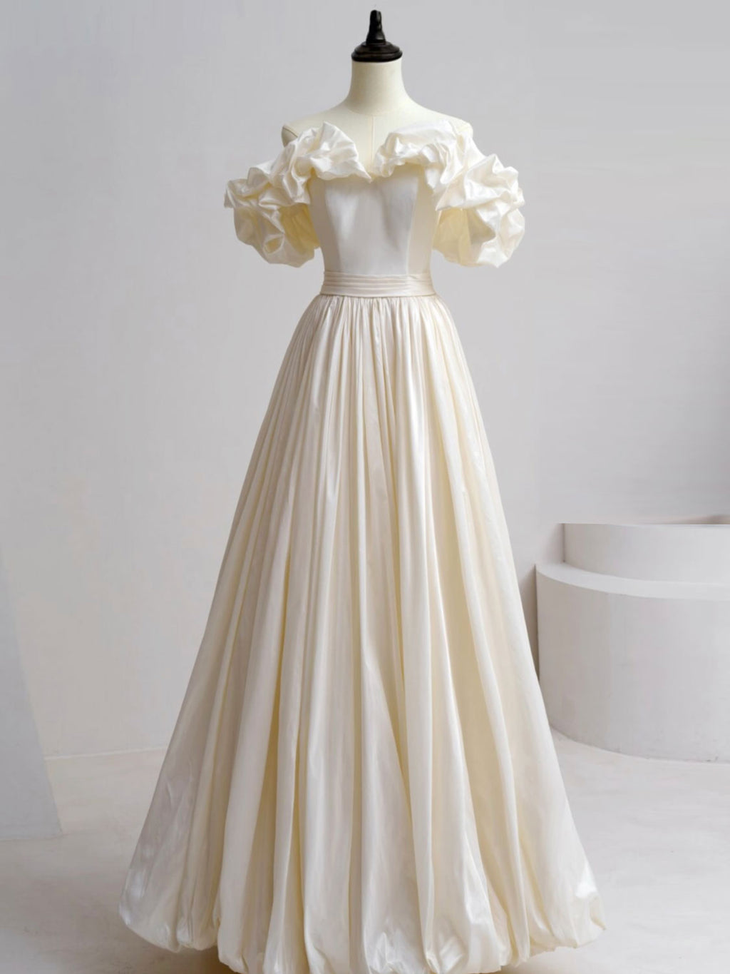 A-Line Off Shoulder Beige Taffeta Long Prom Dresses, Beige Formal Evening Dress