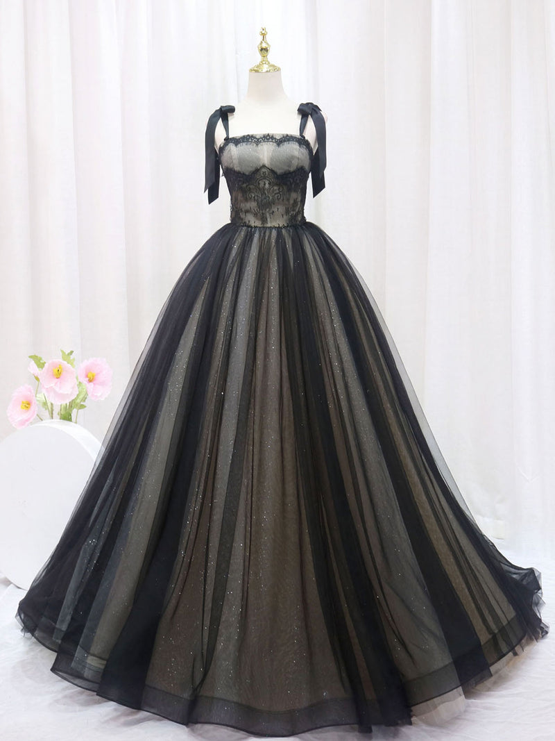 Black A-Line Tulle Long Prom Dresses, Black Tulle Formal Evening Dress ...