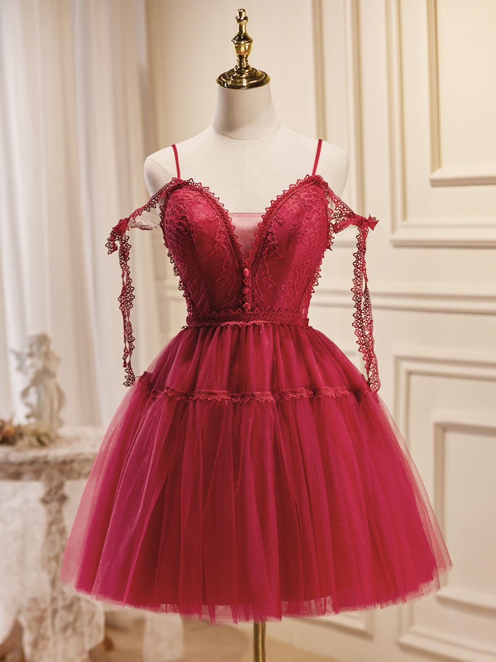 A-Line Burgundy Lace Short Prom Dress, Burgundy Puffy Homecoming Dresses