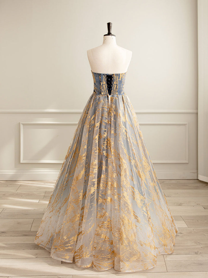 shopluu A-Line Tulle Gold/Blue Long Prom Dress, Blue Formal Evening Dress US 16 / Gold/Blue