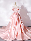 Pink Sweep Train Satin Long Prom Dress, Pink Formal Evening Dresses