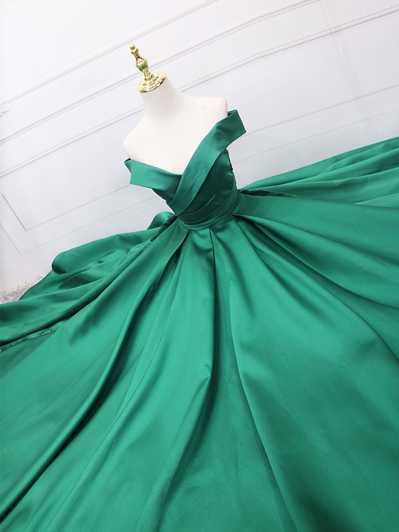 A-Line Off Shoulder Green Satin Long Prom Dresses