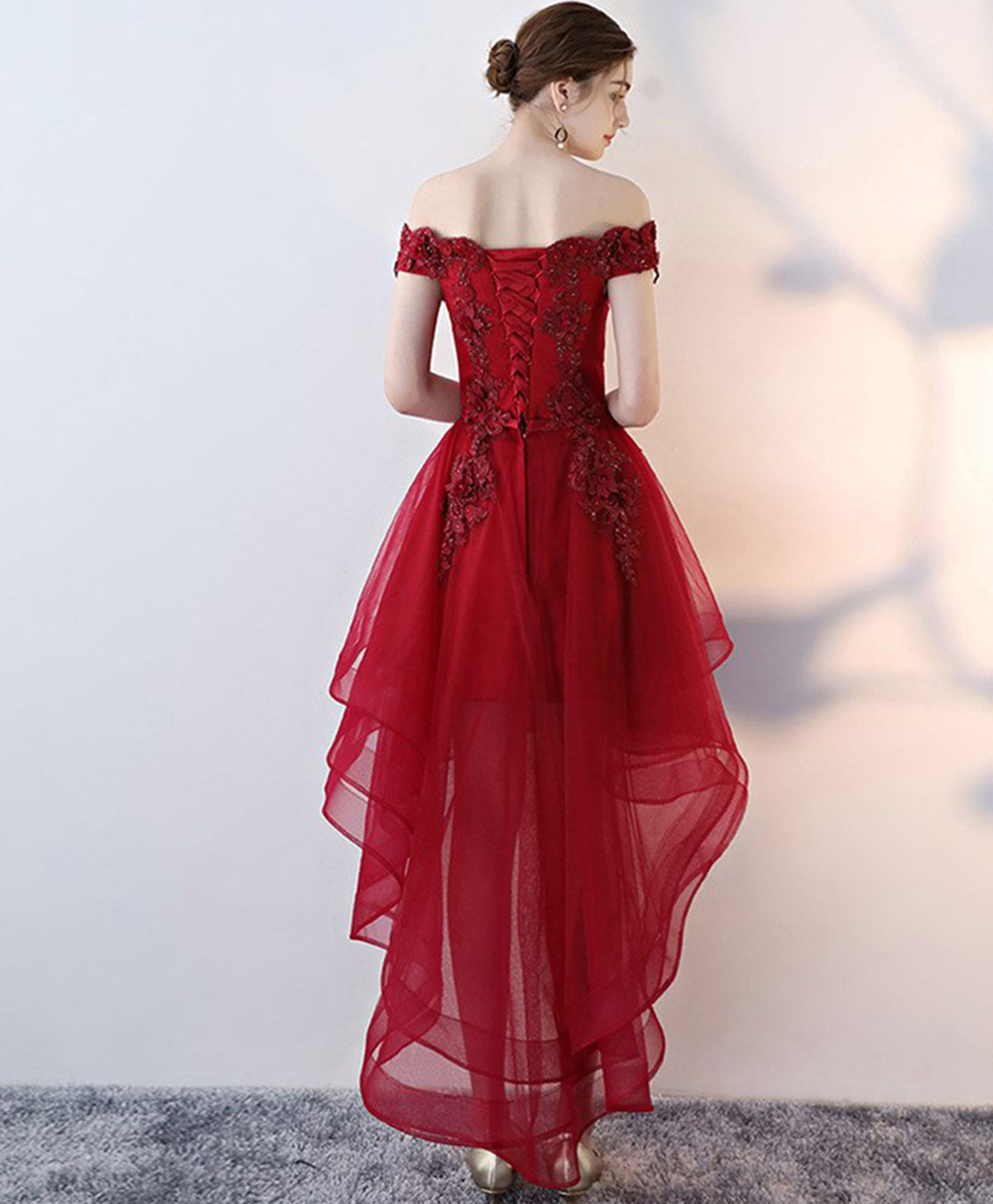 Burgundy High Low Tulle Lace Long Prom Dress, Lace Evening Dress