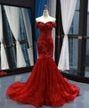 Burgundy Off Shoulder Tulle Lace Mermaid Long Prom Dress, Burgundy Evening Dress