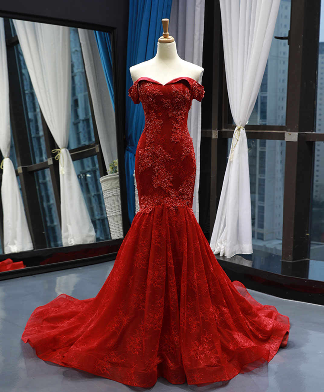 Burgundy Off Shoulder Tulle Lace Mermaid Long Prom Dress, Burgundy Eve – shopluu