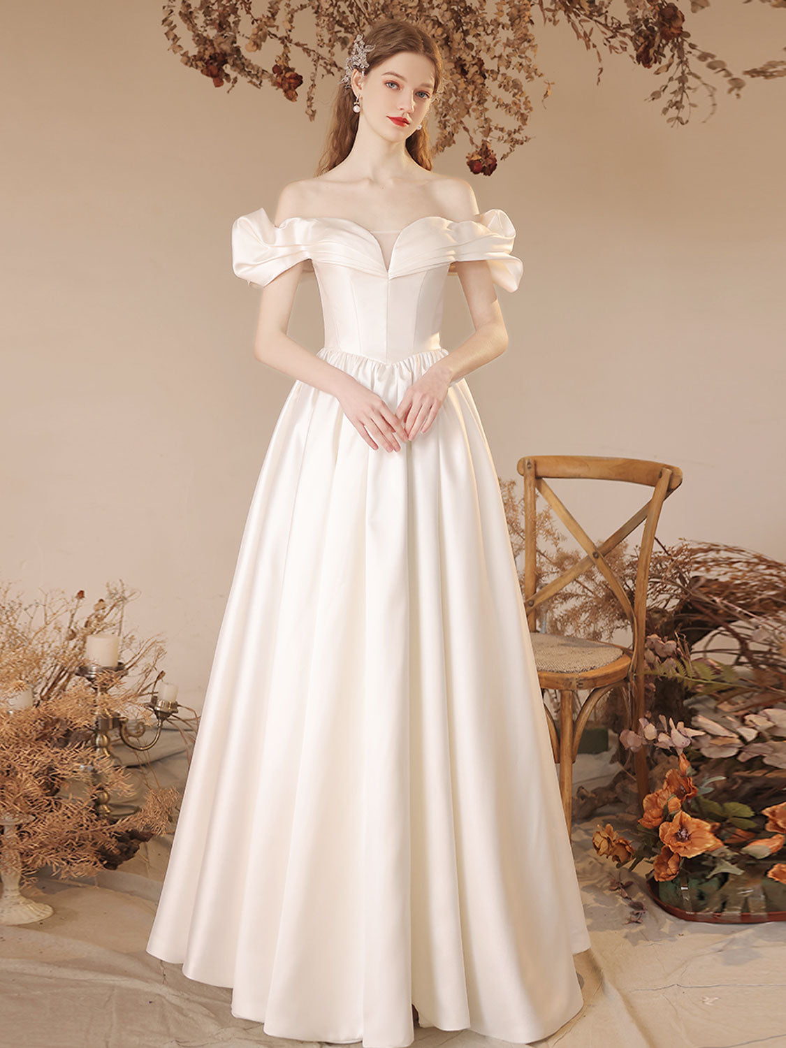A-Line Off Shoulder Satin Beige Long Prom Dress, Beige Formal Evening Dress