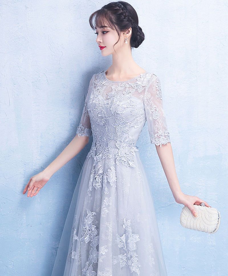 Gray Round Neck Tulle Lace Long Prom Dress, Gray Evening Dress – shopluu