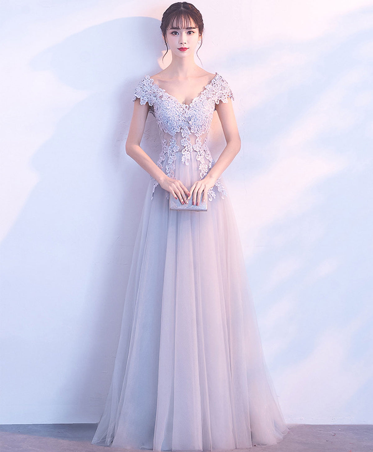 Gray V Neck Tulle Lace Long Prom Dress, Gray Evening Dress