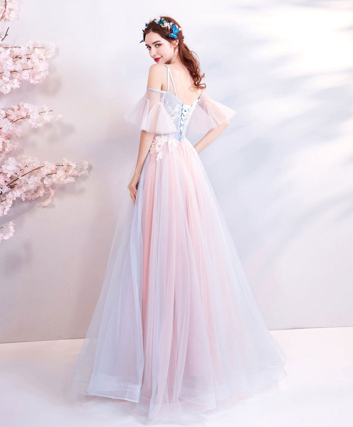 A-Line Pink Tulle Lace Applique Long Prom Dress, Pink Formal Party Dresses