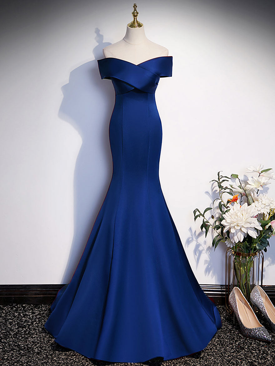 Royal Blue Mermaid Satin Long Prom Dress, Off Shoulder Blue Evening Dress