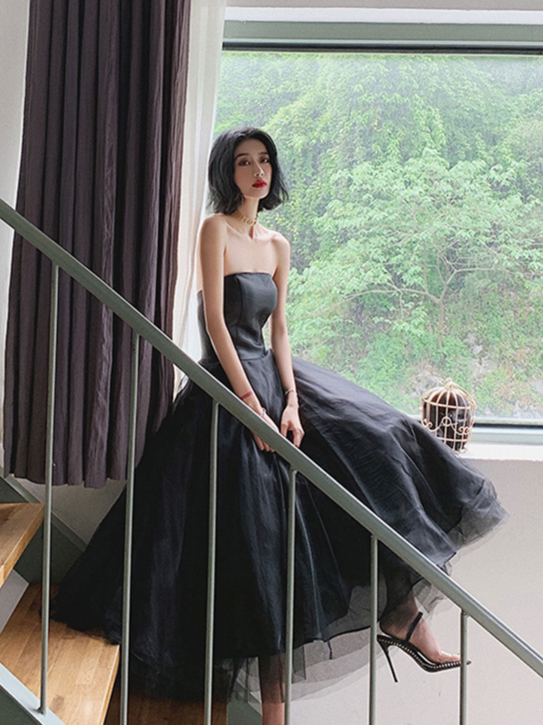 Simple Blue Tulle Tea Length Prom Dress, Tulle Homecoming Dresses