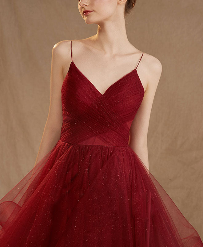 Burgundy Tulle Long Prom Dress, Burgundy Tulle Evening Dress