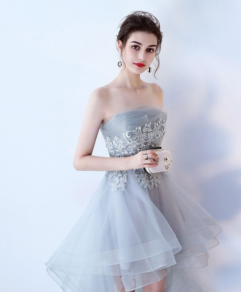 Gray Tulle Lace High Low Prom Dress, Cute Homecoming Dress