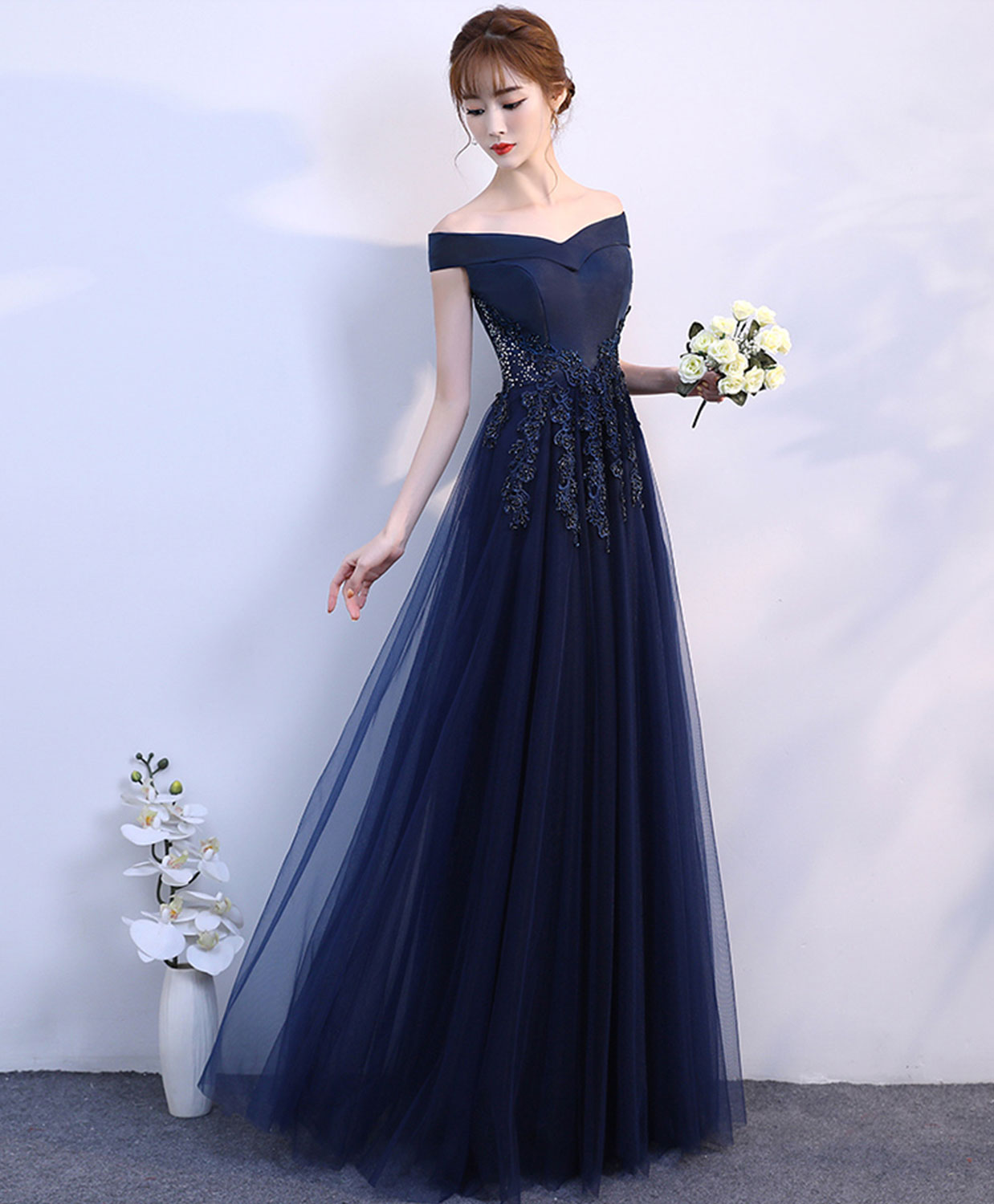 dark blue off the shoulder dress Off Shoulder Layered Navy Blue Lace Long Prom Dress with Split, Off the Shoulder Navy Blue Formal Dress fg4837