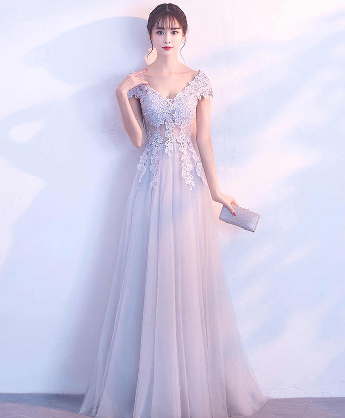 Gray V Neck Tulle Lace Long Prom Dress, Gray Evening Dress