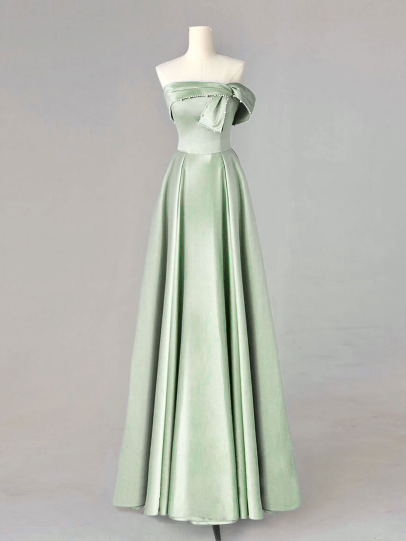Green Satin Long Prom Dresses
