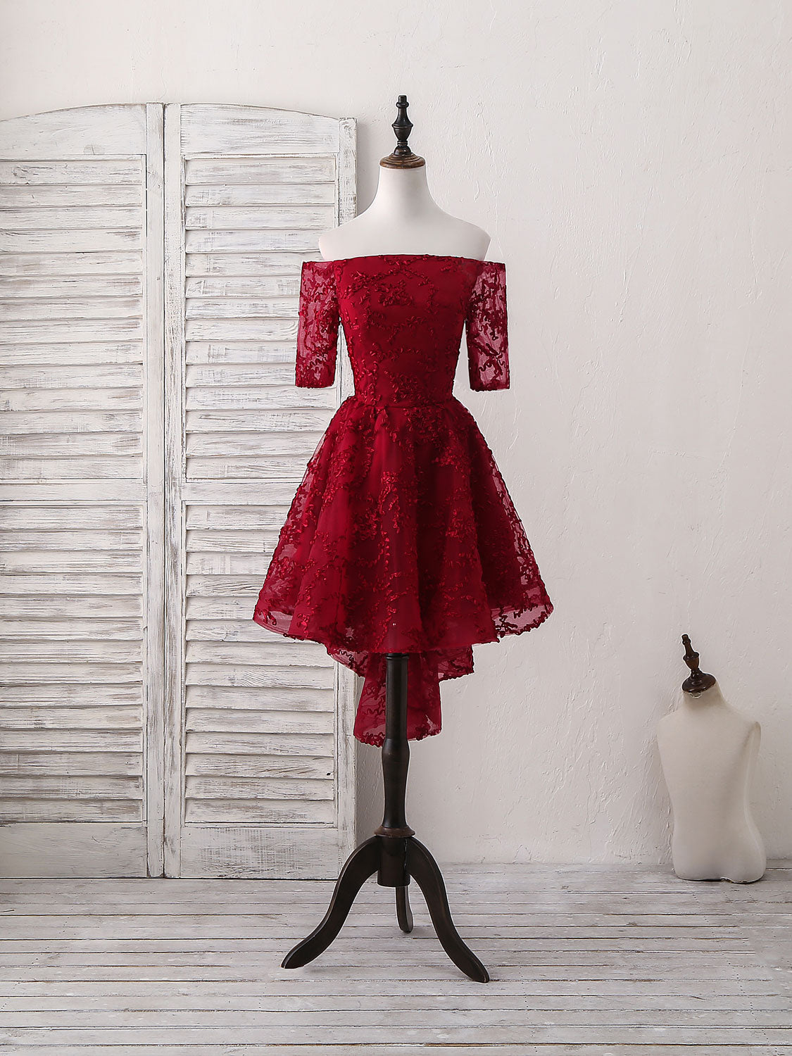 knee length homecoming dress Burgundy Lace Short Prom Dress, Burgundy Homecoming Dress Custom Size / Custom Color
