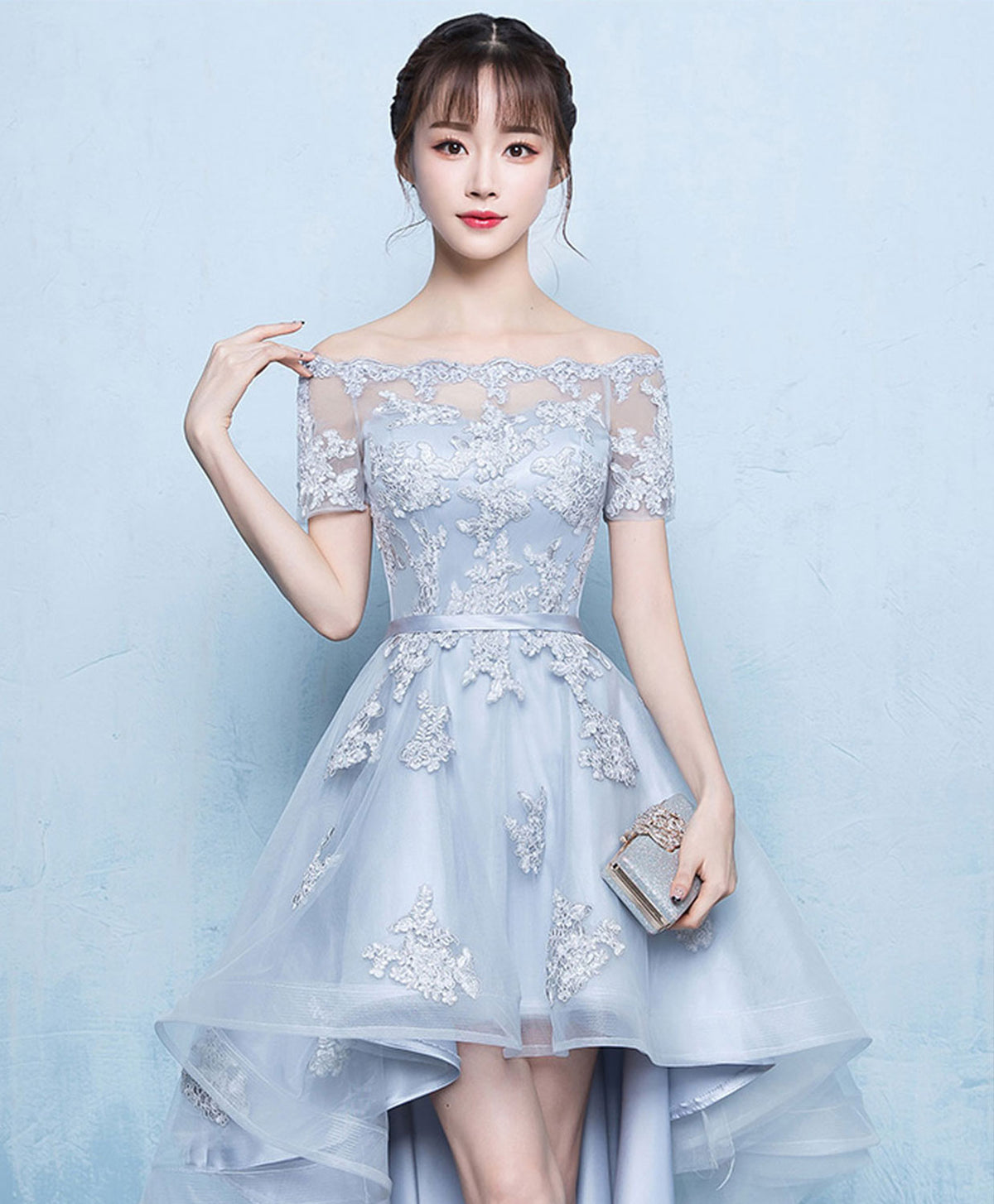 Gray A-line High Low Tulle Prom Dress, Gray Bridesmaid Dress