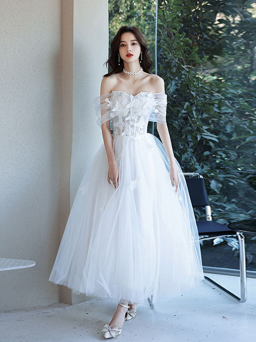 White Ball Gown Satin Off the Shoulder Pleats Wedding Dress With Pleats