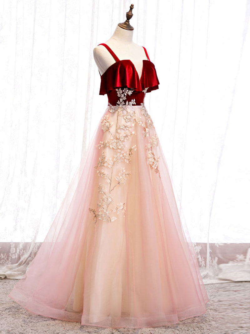 Burgundy A-line Tulle Lace Long Prom Dress Tulle Formal Dress