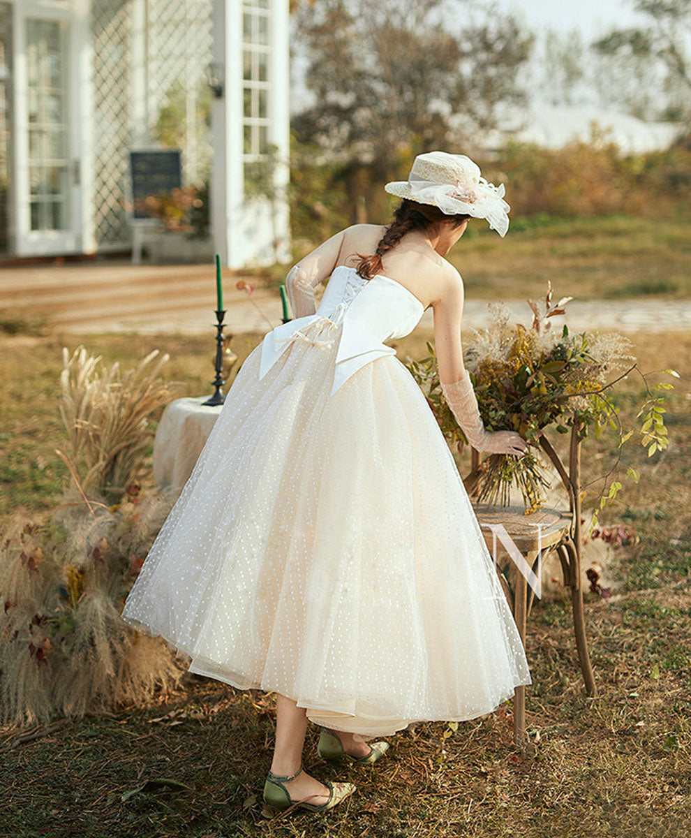 Champagne Tulle Retro Short  Dress, Tulle Tea Length Prom Dress