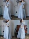 Simple Light Blue Tulle Lace Long Prom Dress, Lace Long Bridesmaid Dress