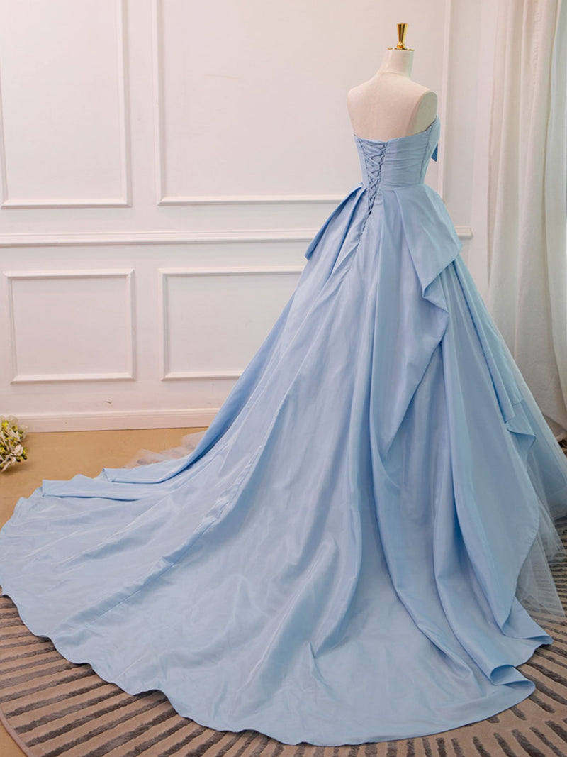 A-Line Sweetheart Neck Satin Tulle Blue Long Prom Dress, Blue Evening ...