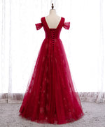 Burgundy V Neck Tulle Lace Long Prom Dress Burgundy Evening Dress