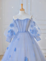 Blue Sweetheart Tulle 3D Flower Long Prom Dress, Blue Evening Dress