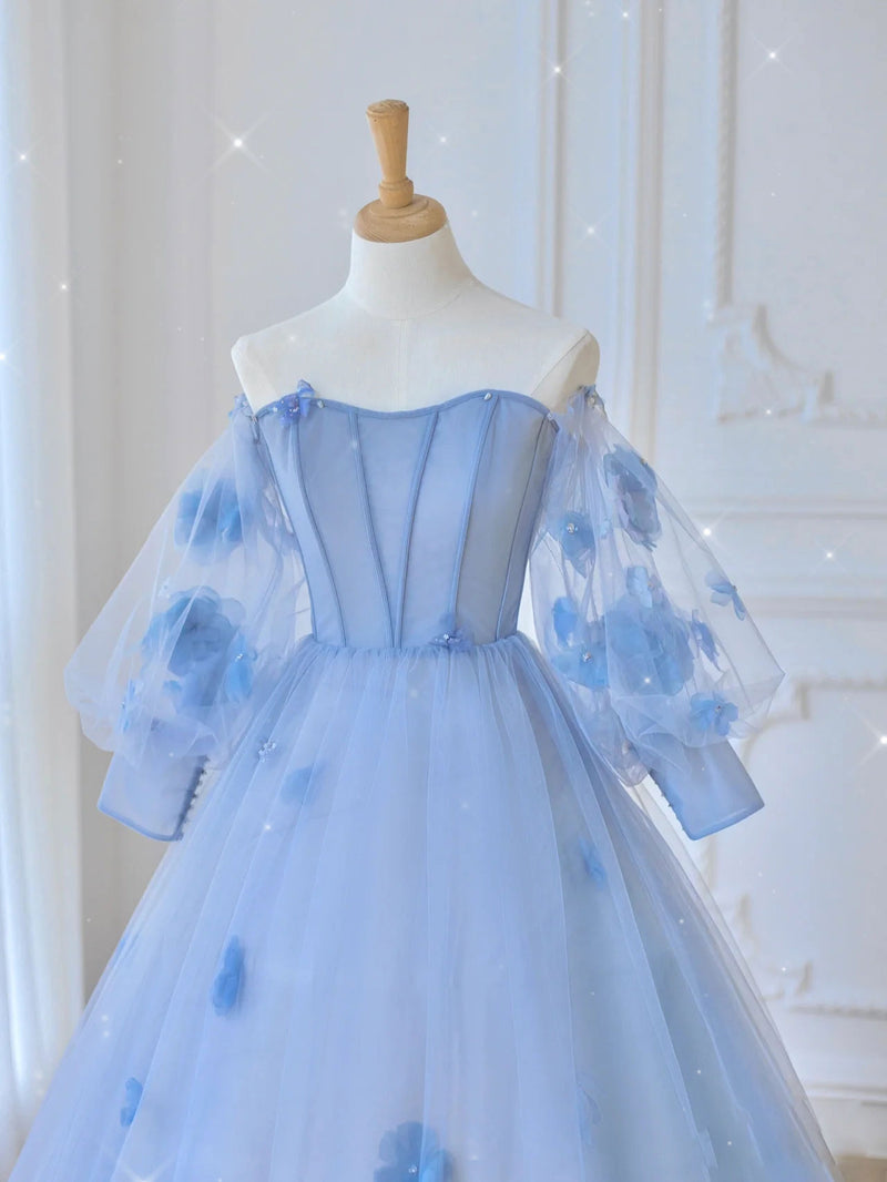 Blue Sweetheart Tulle 3D Flower Long Prom Dress, Blue Evening Dress – shopluu