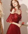 Burgundy Sweetheart Tulle Sequin Long Prom Dress, Burgundy Formal Dress