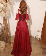 Burgundy Sweetheart Tulle Sequin Long Prom Dress, Burgundy Formal Dress