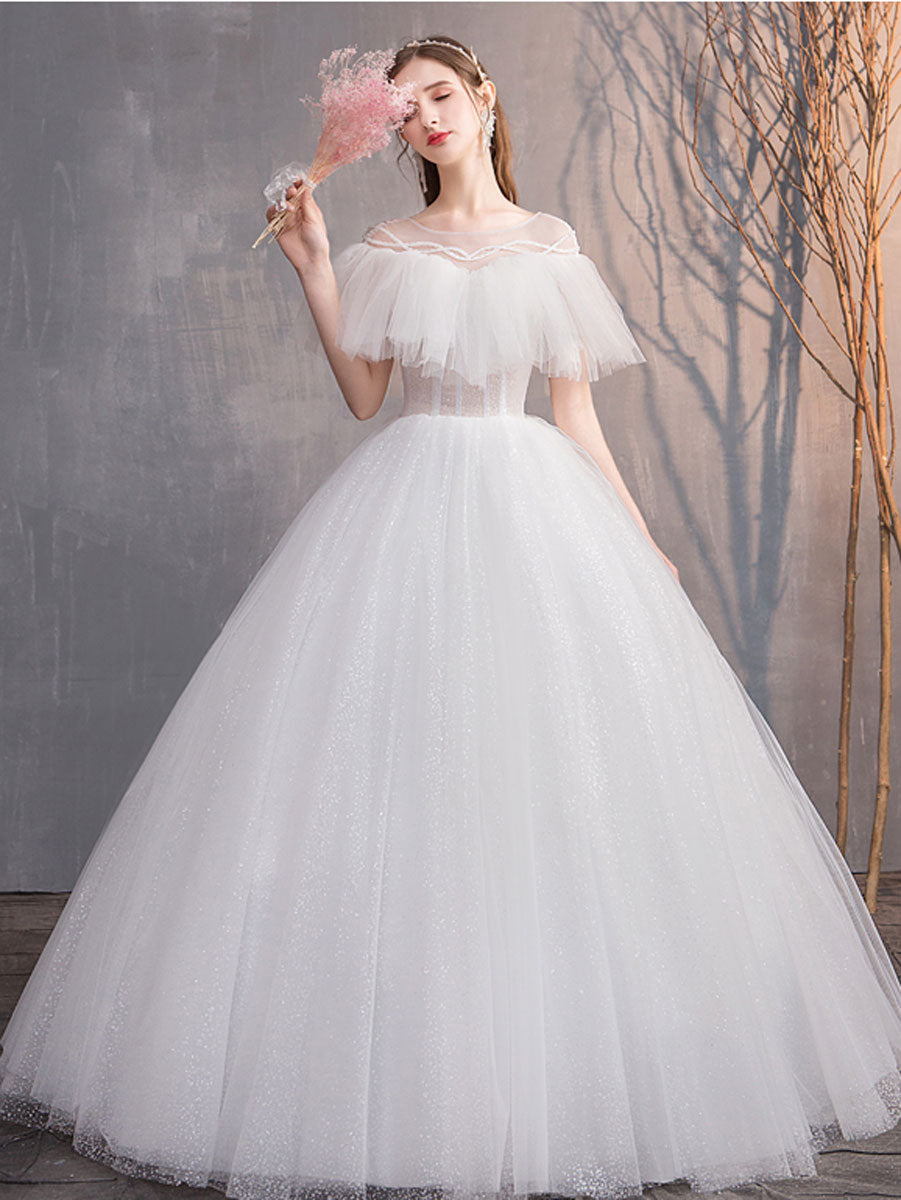 White Round Neck Tulle Long Wedding Dress, White Tulle Long Bridal Dress