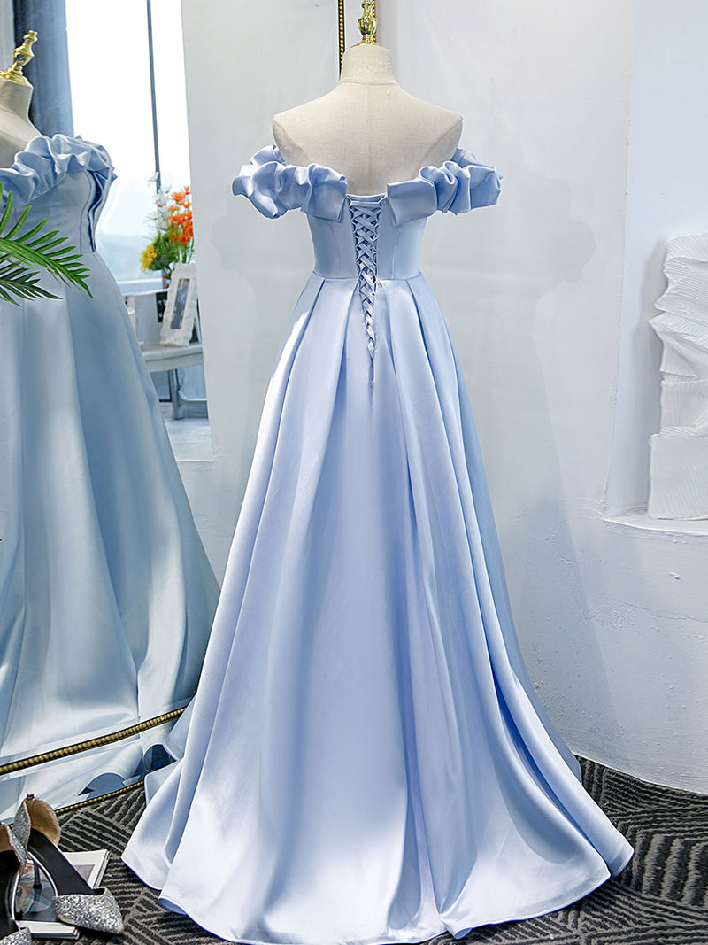 Blue A-line Off Shoulder Long Prom Dress, Blue Evening Dress