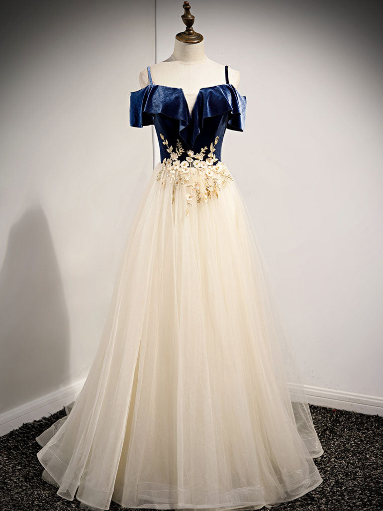Champagne Tulle Lace Long Prom Dress, Champagne Evening Dress
