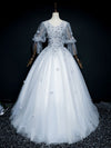 Gray V Neck Tulle Lace Long Prom Dress, Gray Lace Evening Dress
