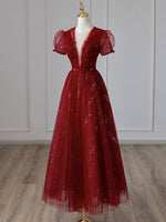 V Neck Tulle Sequin Tea Length Burgundy Prom Dress, Burgundy Evening Dress