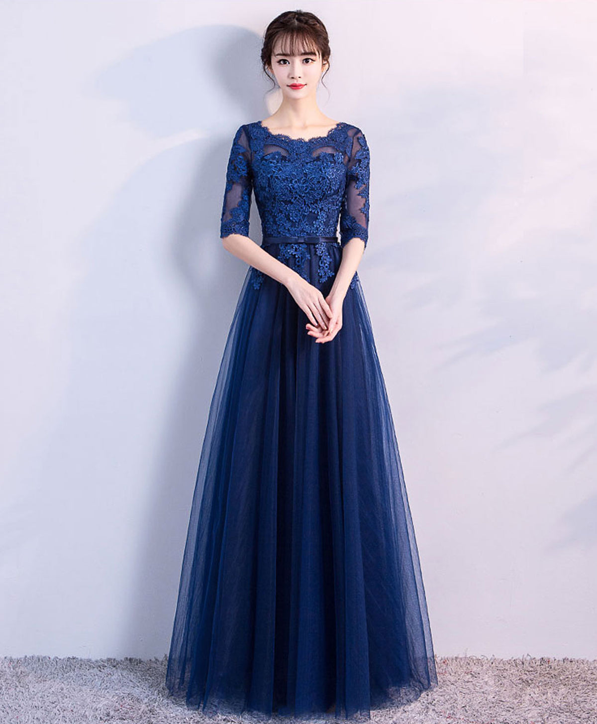 Blue Tulle Lace Long Prom Dress, Lace Evening Dress