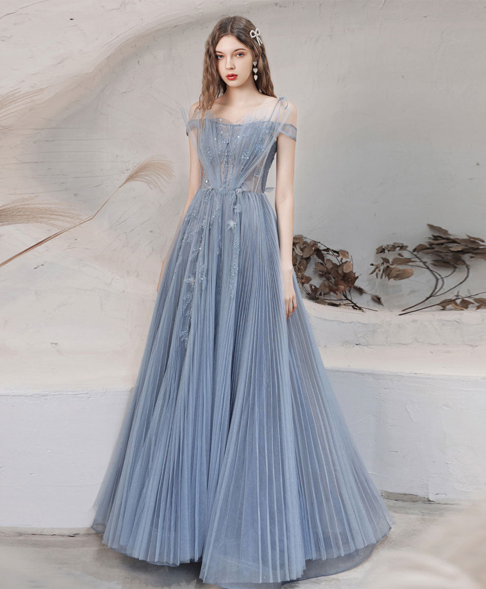 Blue Aline Off Shoulder Long Prom Dress, Blue Formal Graduation Dress with Beading
