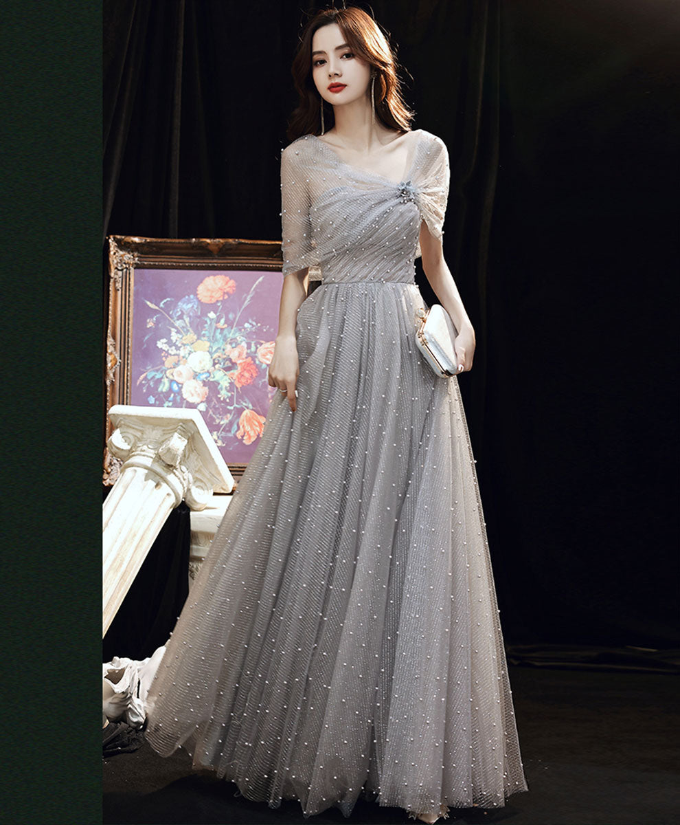 Gray A line Long Prom Dress, A line Formal Graduation Dress with Beading