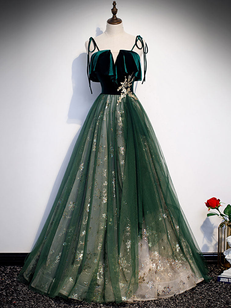 Green Tulle Lace Long Prom Dress, Green Tulle Formal Dress