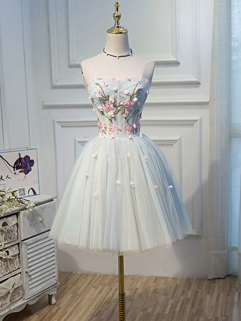 Cute Tulle Short Lace Applique Short Prom Dress, Tulle Puffy Homecoming Dress